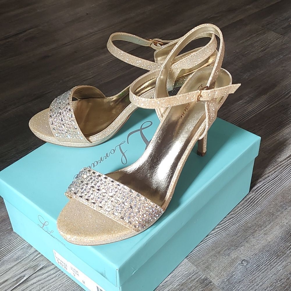 Lauren  Lorraine Lida Nude  gold sequin heels Christmas party wedding Sz 9